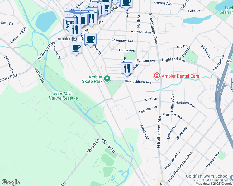 map of restaurants, bars, coffee shops, grocery stores, and more near 18 Church Street in Ambler