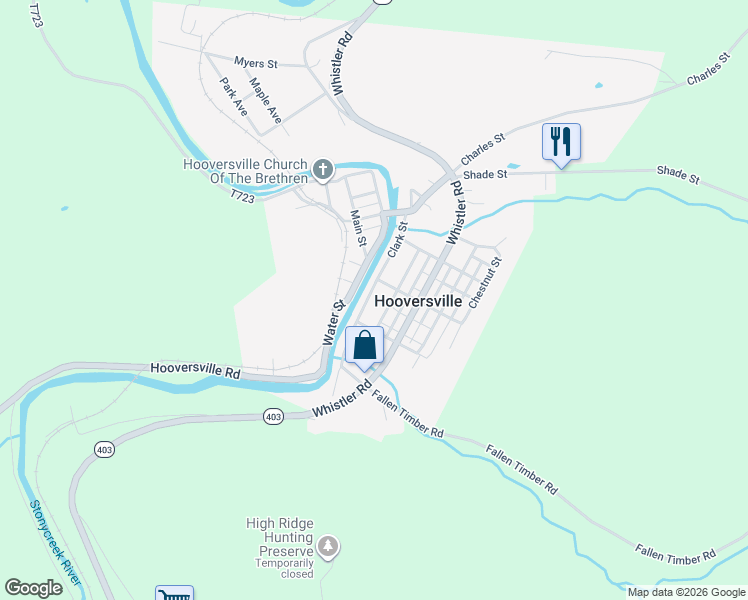 map of restaurants, bars, coffee shops, grocery stores, and more near 300 Clark Street in Hooversville