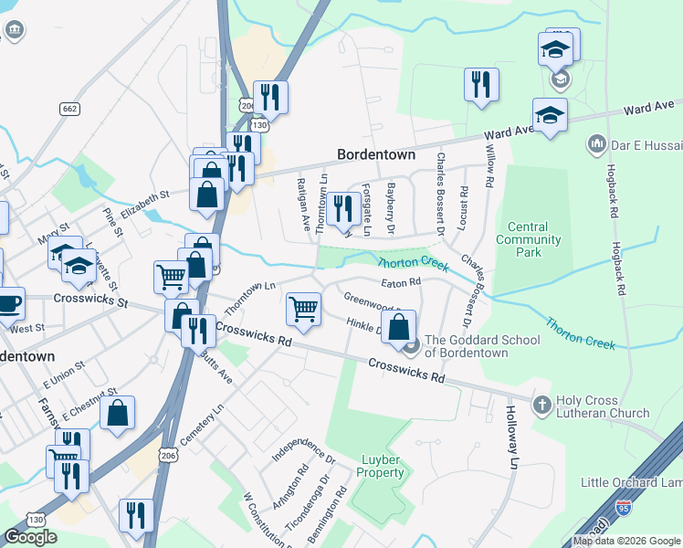 map of restaurants, bars, coffee shops, grocery stores, and more near 36 Thorntown Lane in Bordentown