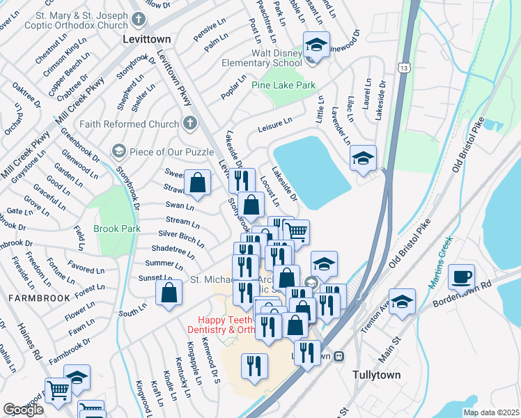 map of restaurants, bars, coffee shops, grocery stores, and more near 27 Lakeside Drive in Levittown