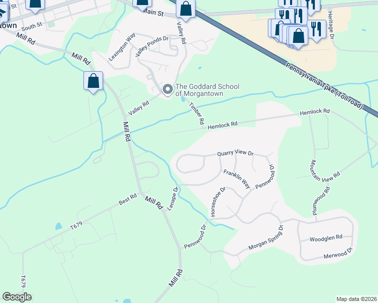 map of restaurants, bars, coffee shops, grocery stores, and more near 14 Quarry View Drive in Morgantown