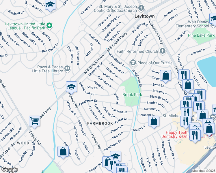 map of restaurants, bars, coffee shops, grocery stores, and more near 17 Graceful Lane in Levittown