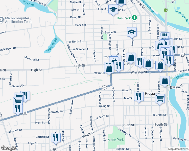map of restaurants, bars, coffee shops, grocery stores, and more near 828 West Water Street in Piqua