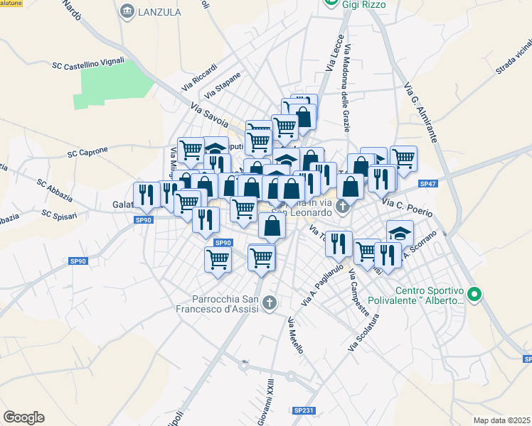 map of restaurants, bars, coffee shops, grocery stores, and more near 17 Via A. Manzoni in Galatone