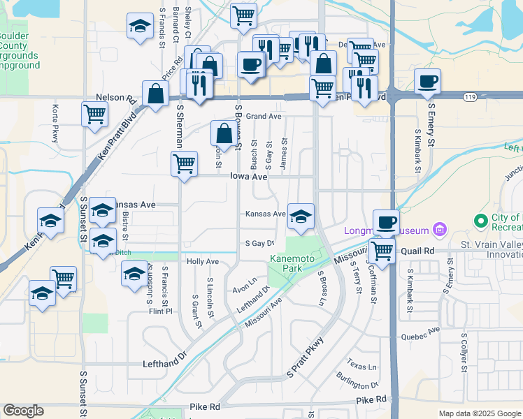 map of restaurants, bars, coffee shops, grocery stores, and more near 15 South Busch Lane in Longmont