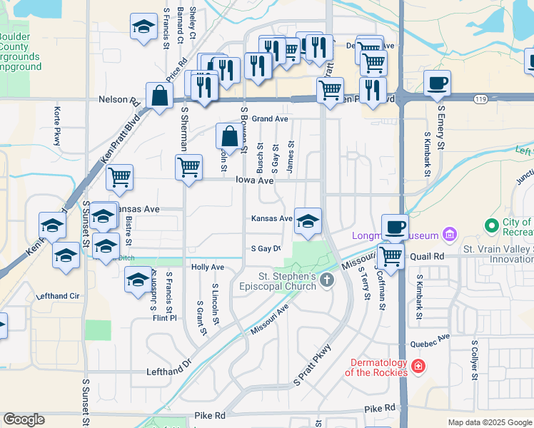 map of restaurants, bars, coffee shops, grocery stores, and more near 15 South Busch Lane in Longmont