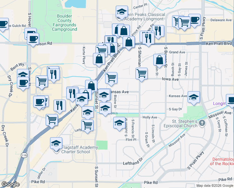 map of restaurants, bars, coffee shops, grocery stores, and more near 1500 Kansas Avenue in Longmont