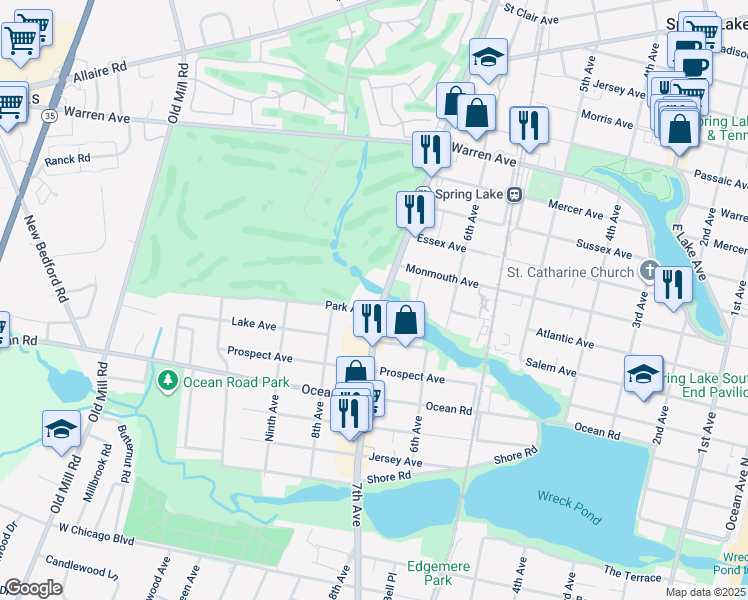 map of restaurants, bars, coffee shops, grocery stores, and more near 521 New Jersey 71 in Spring Lake