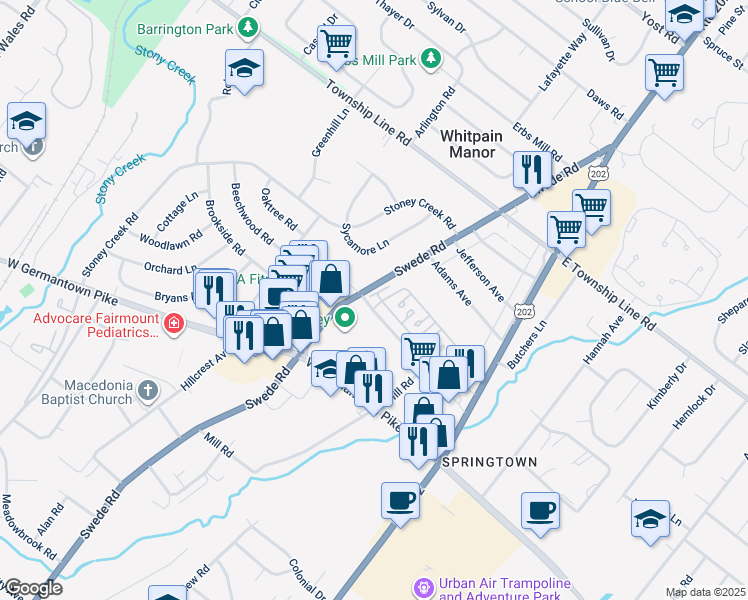 map of restaurants, bars, coffee shops, grocery stores, and more near 12 Trent Lane in Norristown