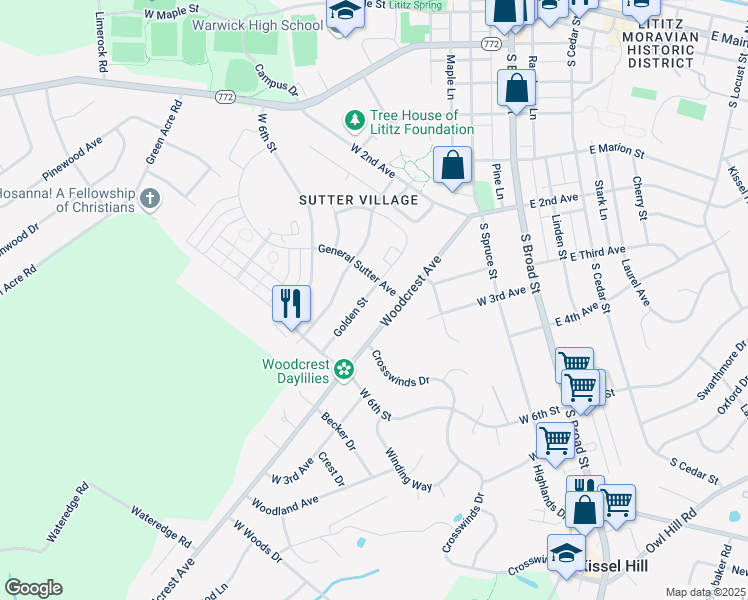 map of restaurants, bars, coffee shops, grocery stores, and more near 503 Golden Street in Lititz