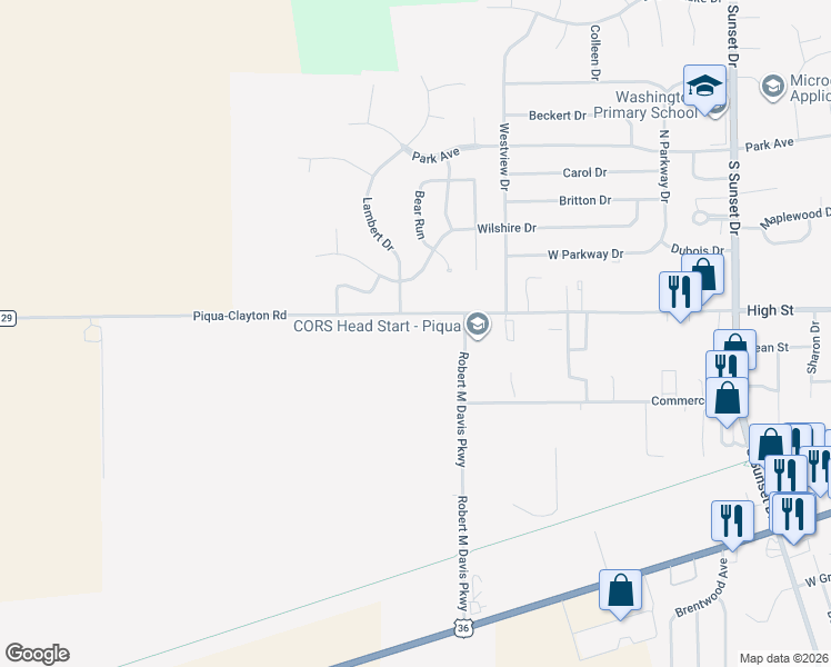 map of restaurants, bars, coffee shops, grocery stores, and more near 646 High Street in Piqua