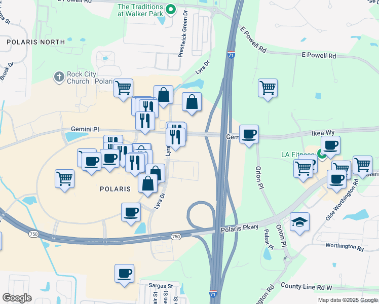 map of restaurants, bars, coffee shops, grocery stores, and more near 8900 Lyra Drive in Columbus