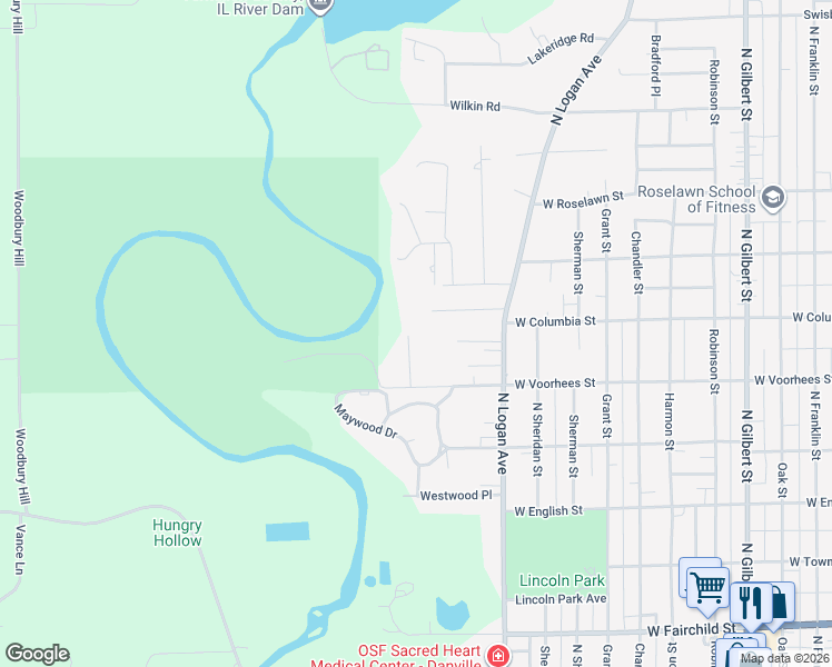 map of restaurants, bars, coffee shops, grocery stores, and more near 18 Lincolnshire Avenue in Danville