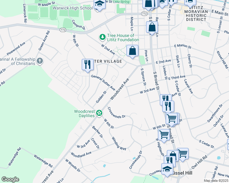 map of restaurants, bars, coffee shops, grocery stores, and more near 500 Woodcrest Avenue in Lititz