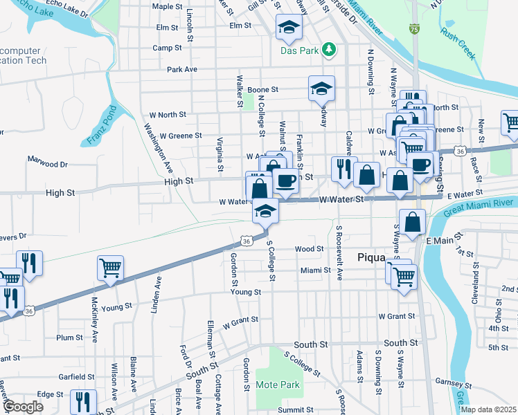 map of restaurants, bars, coffee shops, grocery stores, and more near 650 West Water Street in Piqua