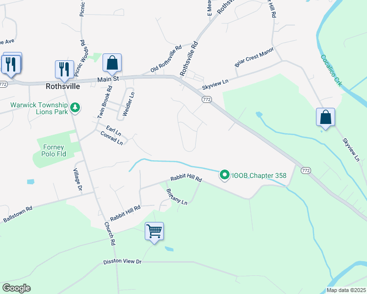 map of restaurants, bars, coffee shops, grocery stores, and more near 32 Rolling Hill Drive in Lititz