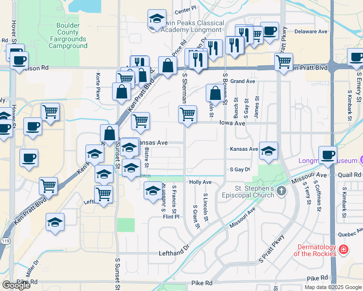 map of restaurants, bars, coffee shops, grocery stores, and more near 1205 South Sherman Street in Longmont