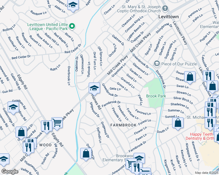 map of restaurants, bars, coffee shops, grocery stores, and more near 21 Gate Lane in Levittown