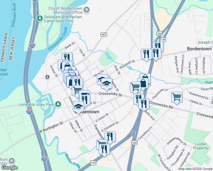 map of restaurants, bars, coffee shops, grocery stores, and more near 223 Spring Street in Bordentown
