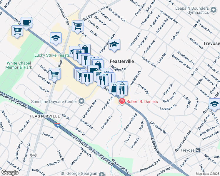 map of restaurants, bars, coffee shops, grocery stores, and more near 284 E Street Rd in Feasterville-Trevose