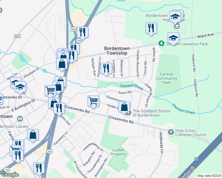 map of restaurants, bars, coffee shops, grocery stores, and more near 48 Eaton Road in Fieldsboro