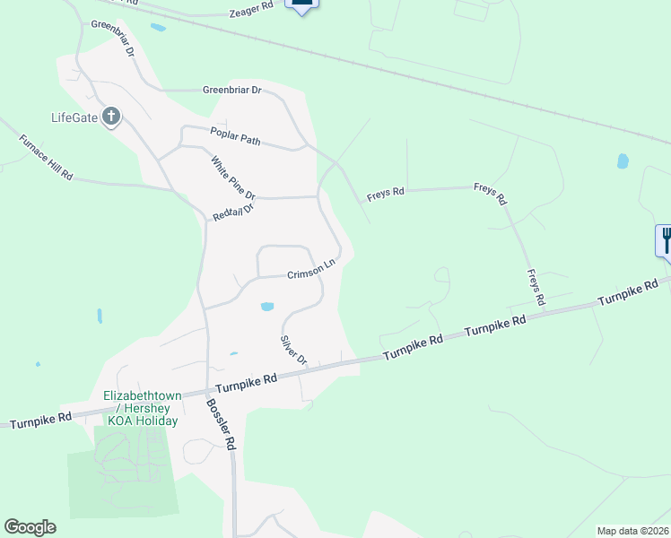 map of restaurants, bars, coffee shops, grocery stores, and more near 124 Crimson Lane in Elizabethtown