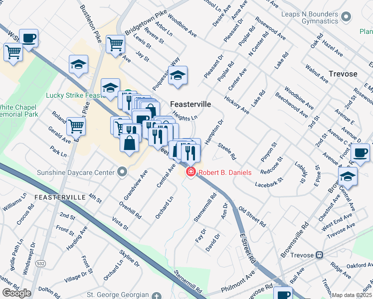 map of restaurants, bars, coffee shops, grocery stores, and more near 207 Hampton Drive in Feasterville-Trevose
