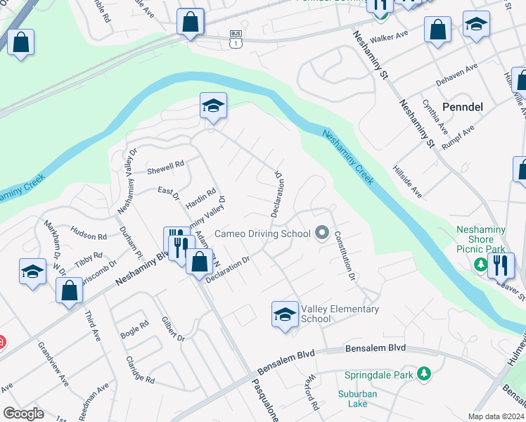 map of restaurants, bars, coffee shops, grocery stores, and more near 3216 Ethan Allen Court in Bensalem