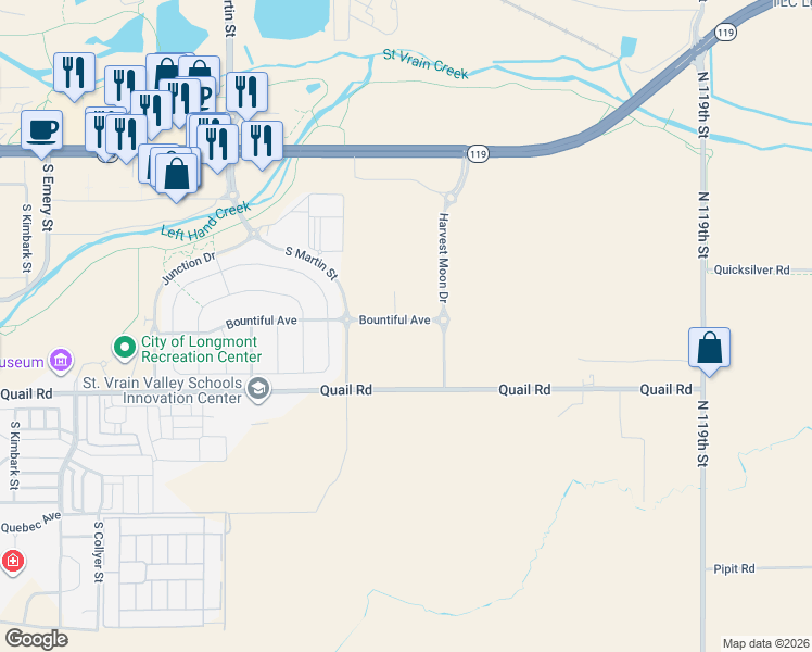 map of restaurants, bars, coffee shops, grocery stores, and more near 11101-11899 Quail Road in Longmont