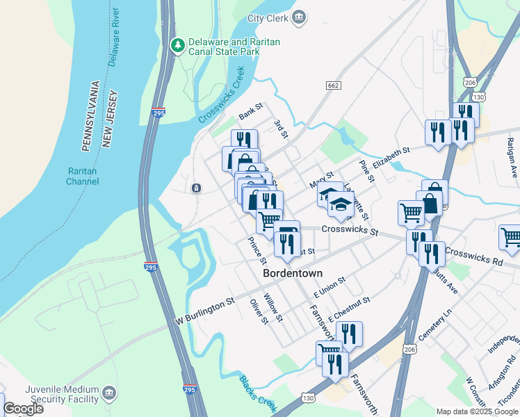 map of restaurants, bars, coffee shops, grocery stores, and more near 201 Farnsworth Avenue in Bordentown