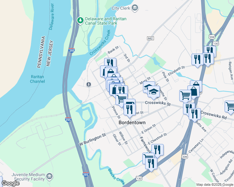 map of restaurants, bars, coffee shops, grocery stores, and more near 11 East Church Street in Bordentown