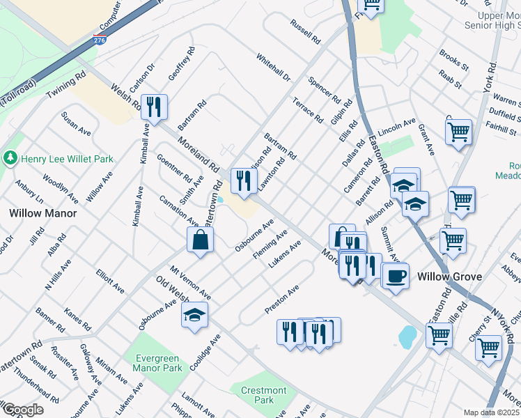 map of restaurants, bars, coffee shops, grocery stores, and more near 2828 Welsh Road in Willow Grove