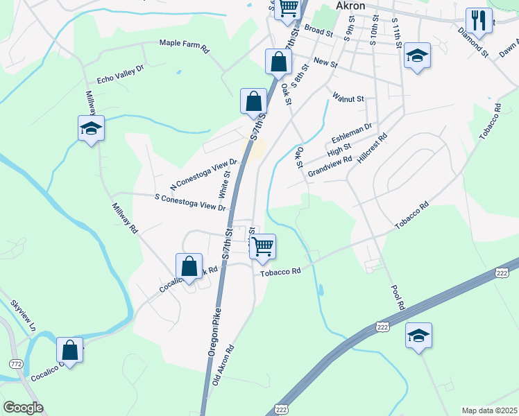 map of restaurants, bars, coffee shops, grocery stores, and more near 485 South 9th Street in Akron