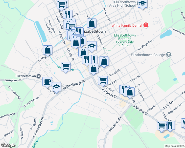 map of restaurants, bars, coffee shops, grocery stores, and more near 320 South Market Street in Elizabethtown