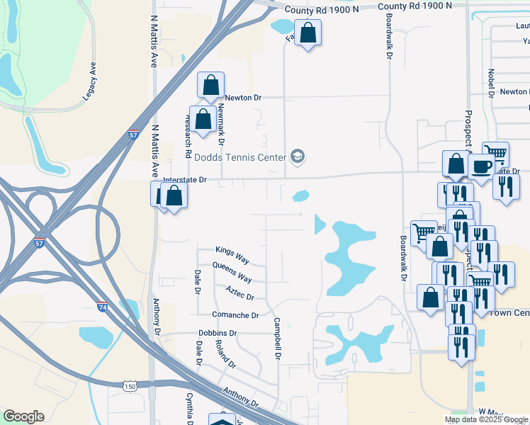 map of restaurants, bars, coffee shops, grocery stores, and more near 1406 Fairfax Drive in Champaign