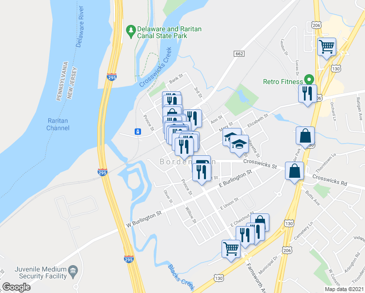 map of restaurants, bars, coffee shops, grocery stores, and more near 201 Farnsworth Avenue in Bordentown