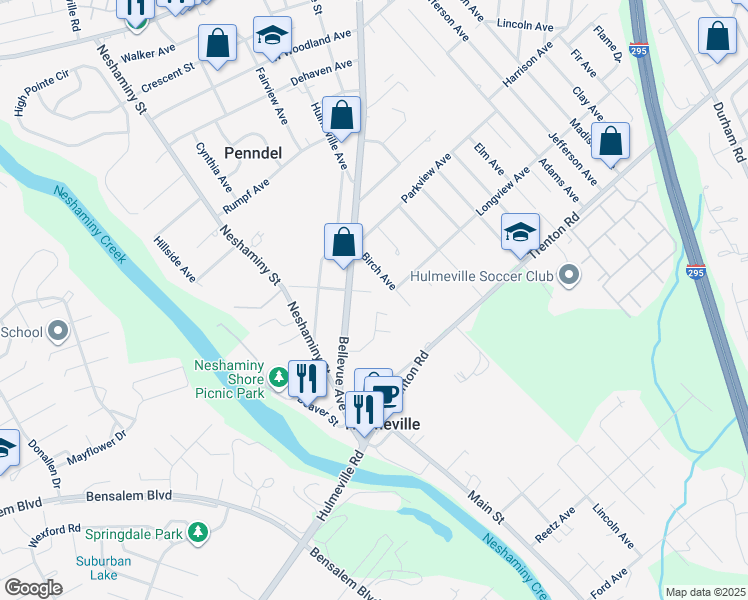 map of restaurants, bars, coffee shops, grocery stores, and more near 2 East Fairview Avenue in Langhorne