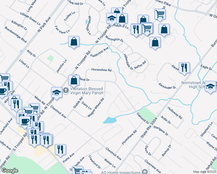 map of restaurants, bars, coffee shops, grocery stores, and more near 186 Wagon Wheel Road in Norristown