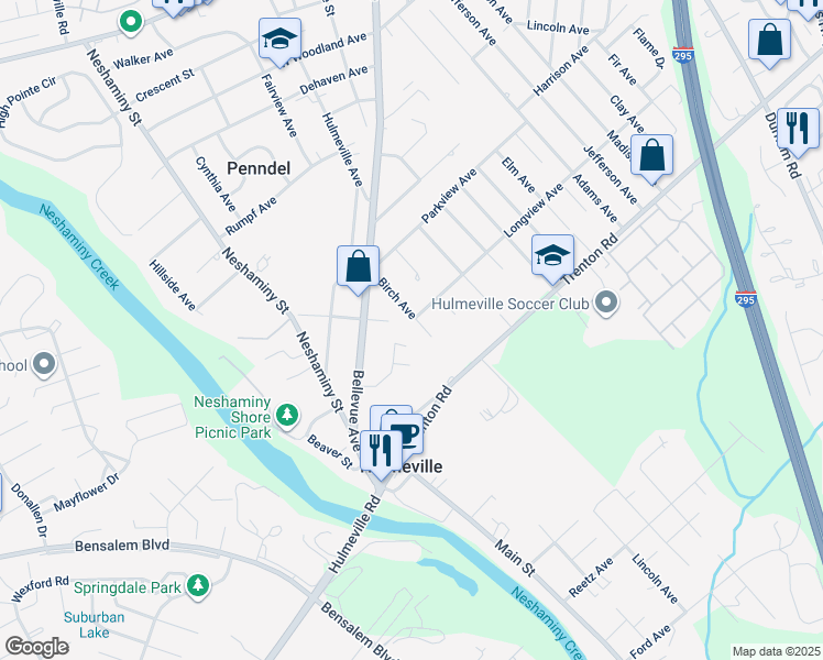map of restaurants, bars, coffee shops, grocery stores, and more near 806 Birch Avenue in Langhorne