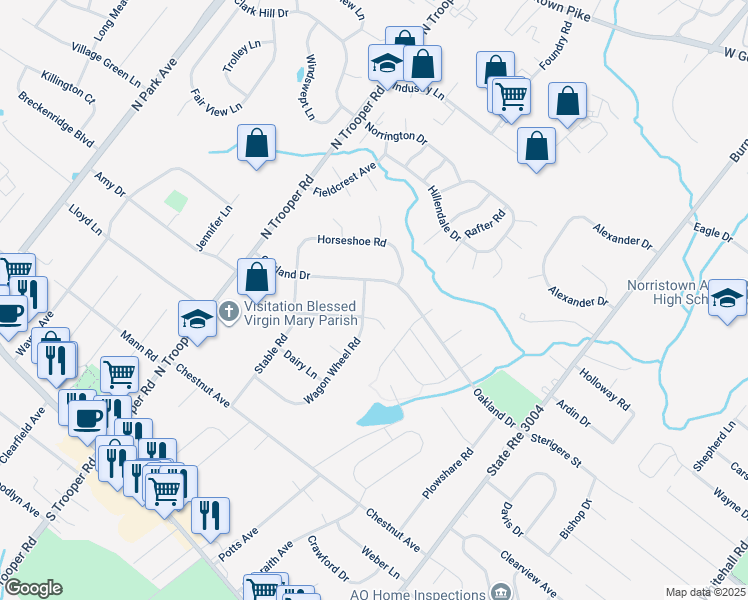 map of restaurants, bars, coffee shops, grocery stores, and more near 186 Wagon Wheel Road in Norristown