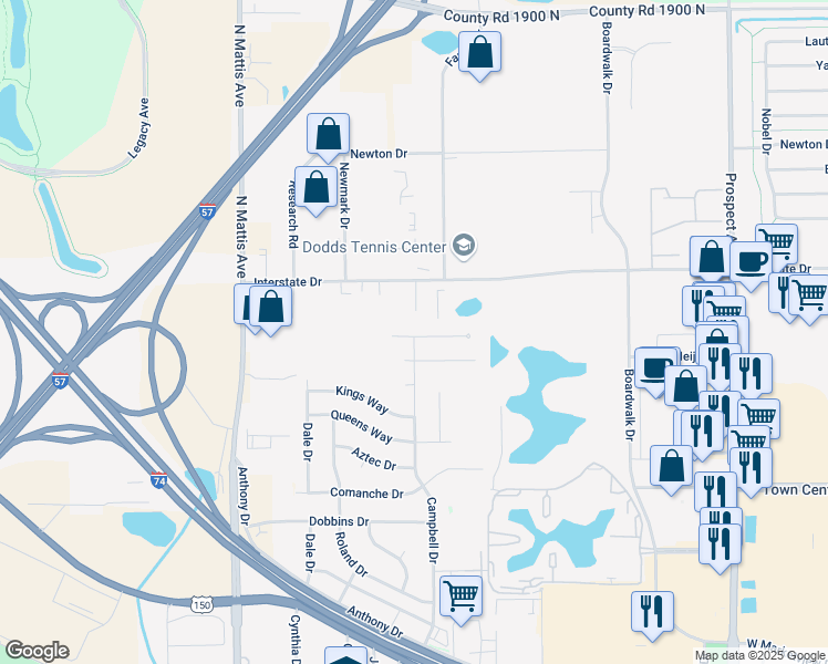 map of restaurants, bars, coffee shops, grocery stores, and more near 1406 Fairfax Drive in Champaign