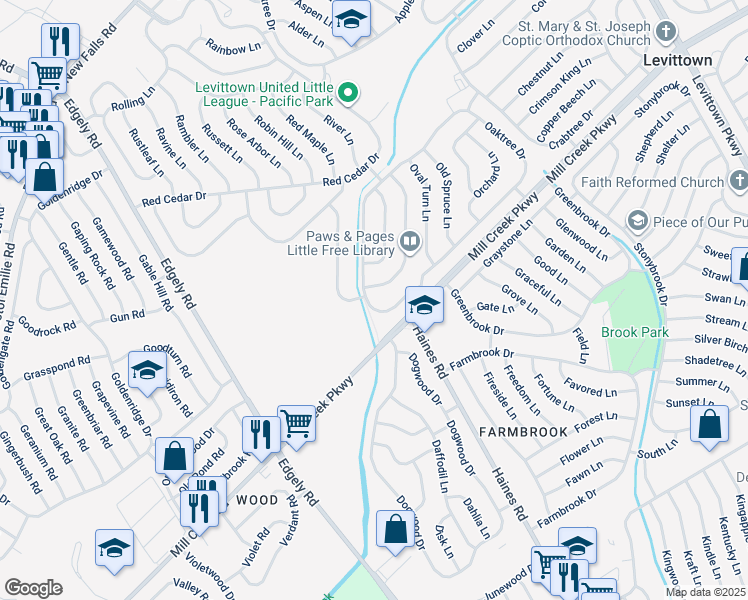 map of restaurants, bars, coffee shops, grocery stores, and more near 285 Oaktree Drive in Levittown
