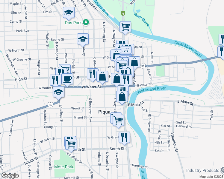 map of restaurants, bars, coffee shops, grocery stores, and more near 201 West Water Street in Piqua