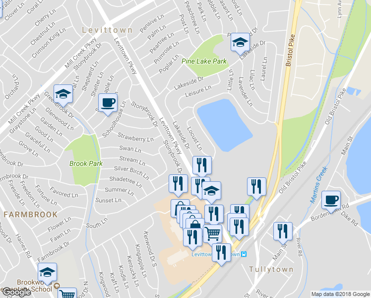 map of restaurants, bars, coffee shops, grocery stores, and more near 27 Lakeside Drive in Levittown