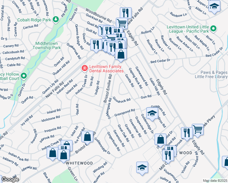 map of restaurants, bars, coffee shops, grocery stores, and more near 104 Goldengate Road in Levittown
