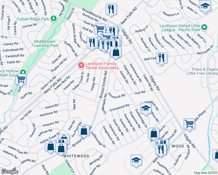 map of restaurants, bars, coffee shops, grocery stores, and more near 104 Goldengate Road in Levittown