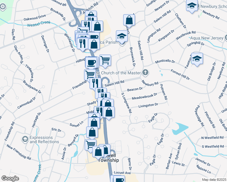 map of restaurants, bars, coffee shops, grocery stores, and more near 102 Candlewood Commons in Howell Township