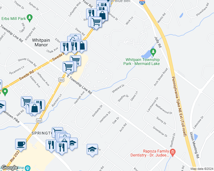 map of restaurants, bars, coffee shops, grocery stores, and more near 2047 Townline Drive in Blue Bell