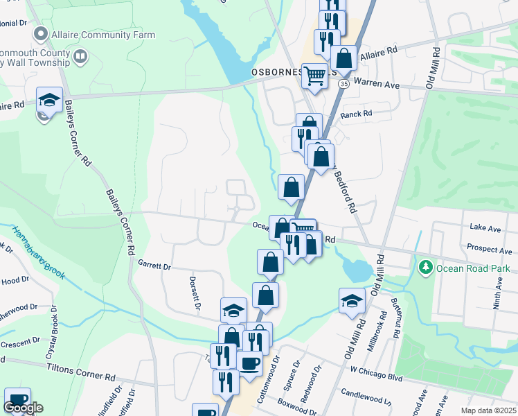 map of restaurants, bars, coffee shops, grocery stores, and more near 2037 Oceanbrook Drive in Wall Township