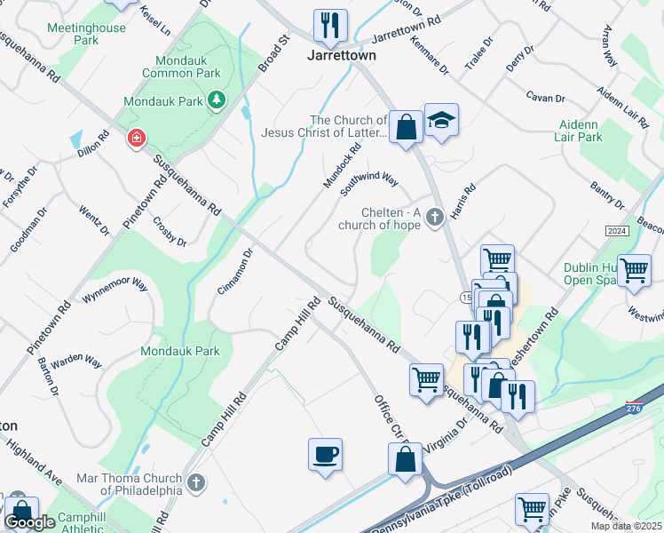 map of restaurants, bars, coffee shops, grocery stores, and more near 1403 Southwind Way in Dresher